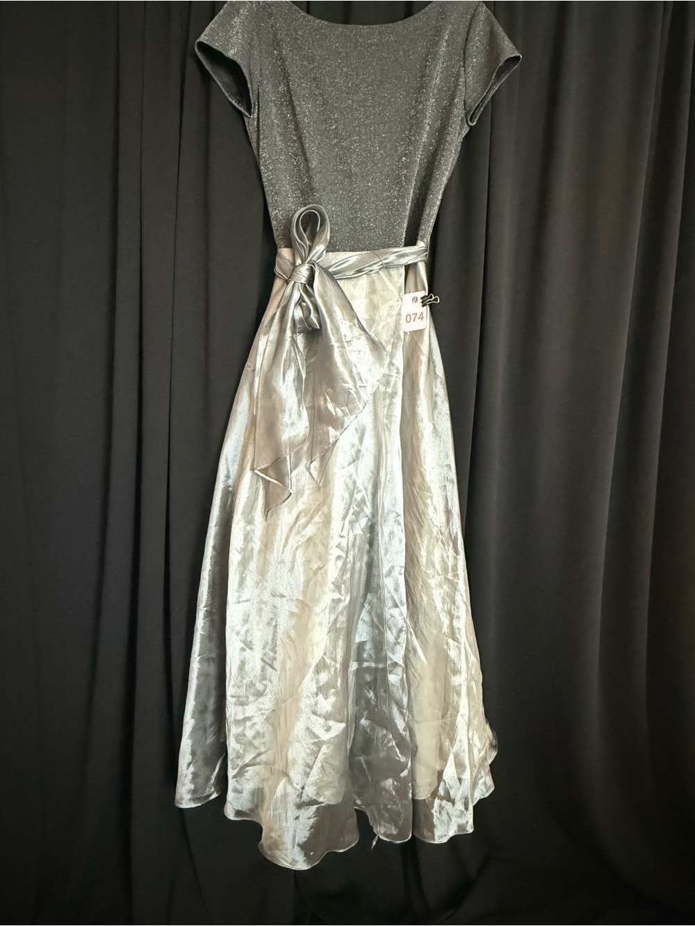 Silver Metallic Prom Dress with Sash